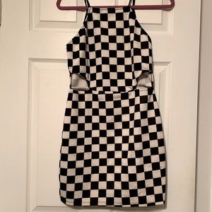 Black and White High Neck Checkered Mini Dress